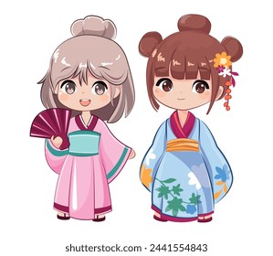 Two cute cartoon little girl in anime style wearing a pink and blue kimono on a white background. Vector illustration design print for t-shirt