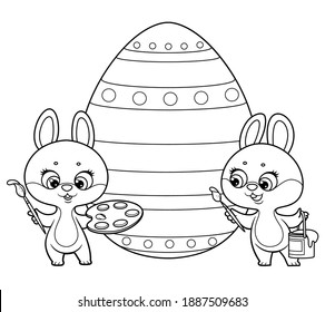 Two cute cartoon little rabbits with paints and brushes coloring Easter egg outlined on white background