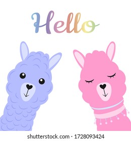 Two cute cartoon llamas in blue and pink. Hello. Flat vector illustration isolated on white background.