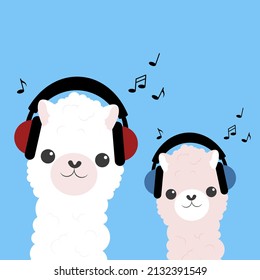 Two cute cartoon llamas with headphones. Animal portrait. Alpaca vector illustration isolated on background