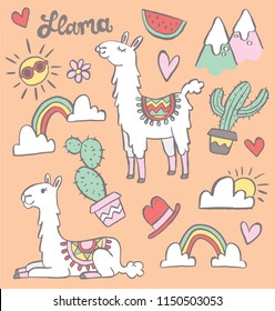 Two cute cartoon llamas with a set of doodle elements including cacti and rainbows. Vector illustration. 