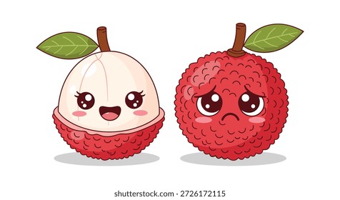 Dos personajes lindos de lychee de dibujos animados, uno pelado y feliz con una gran sonrisa y otro entero y mirando muy triste.