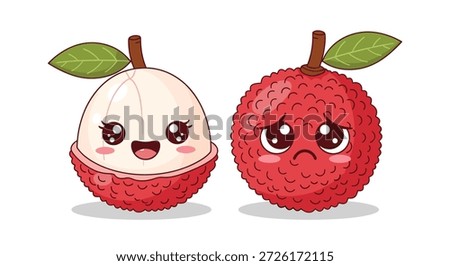 Two cute cartoon lychee characters, one peeled and happy with a big smile and another whole and looking very sad.