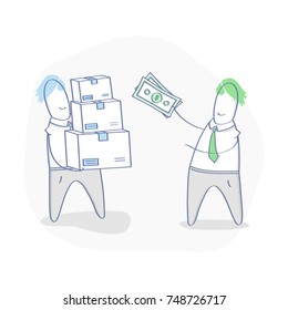 Dos lindos caricaturistas sostienen en sus manos dinero en efectivo y cajas. Oferta, compra, proceso de pago, entrega en efectivo, pago al correo por envío. Ilustración vectorial de esquema plano.