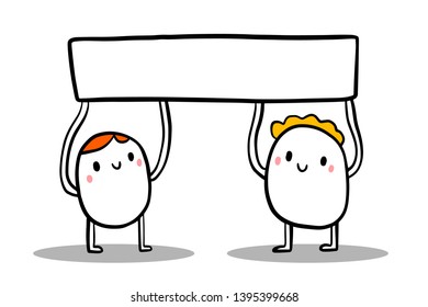 Two cute cartoon men holding empty blank banner. Minimalism style. White font