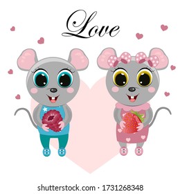 Dos lindos ratones de caricatura en el fondo del corazón