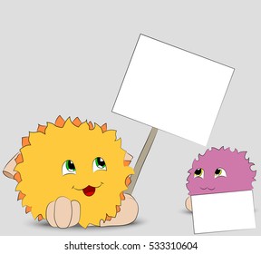 two cute cartoon monster looking posters gray background