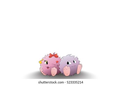 two cute cartoon monster sitting back to back white