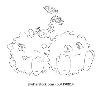 two cute cartoon monster under Christmas mistletoe
