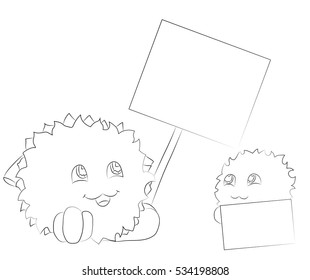 two cute cartoon monsters looking at poster coloring book