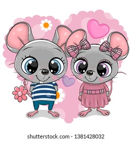 Two cute Cartoon Mouses on a heart background