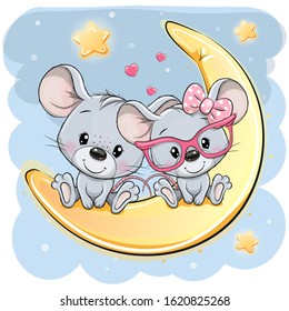 Two Cute Cartoon Mouses is sitting on the moon