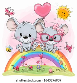 Two Cute Cartoon mouses are sitting on the rainbow