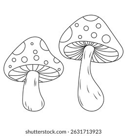 Two Cute Cartoon Mushrooms Line Art Illustration