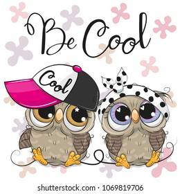 Two Cute Cartoon Owls boy and girl with cap and bow