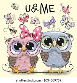 Two cute Cartoon Owls and butterflies on a hearts background