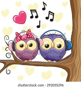 Two Cute cartoon Owls with headphones
