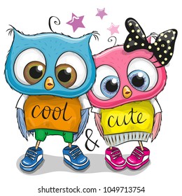 Two Cute Cartoon Owls on a white background