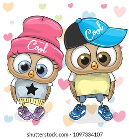 Two Cute Cartoon Owls on a white and gray background