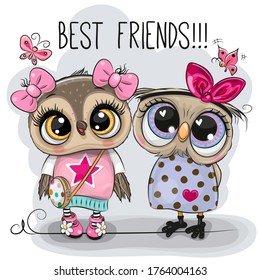  Two Cute cartoon Owls on a gray background