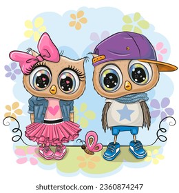 Two Cute Cartoon Owls on a flowers background