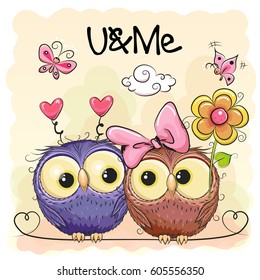 Two Cute Cartoon Owls on Orange background