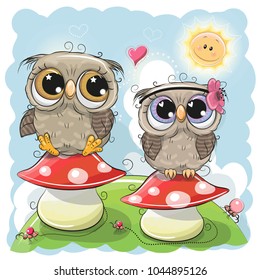 Two Cute Cartoon Owls are sitting on mushrooms