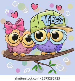 Two Cute Cartoon Owls is sitting on a branch