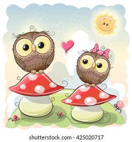 Two Cute Cartoon Owls are sitting on mushrooms