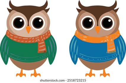 Two cute cartoon owls wearing colorful scarves and sweaters, playful autumn or winter scene. Vector design and PNG transparent background