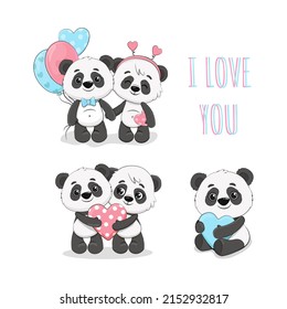 Two cute cartoon pandas with balloons and hearts for cards Valentine's Day, birthday, Mother's Day, wedding.Panda couple.Vector