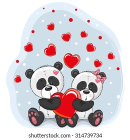 Two cute cartoon pandas with hearts on a blue background