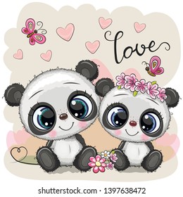 Two cute Cartoon Pandas on a beige background