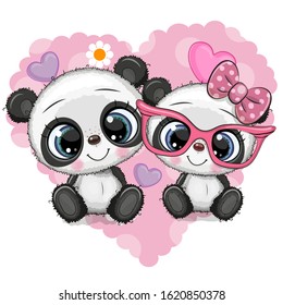 Two Cute Cartoon Pandas on a heart background