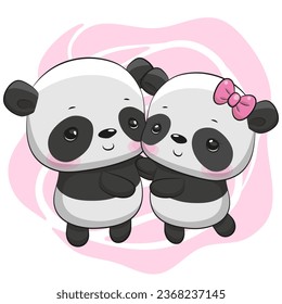Two Cute Cartoon Pandas on a rose background