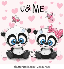 Two cute Cartoon Pandas on a hearts background
