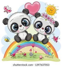 Two Cute Cartoon Pandas are sitting on the rainbow