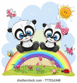 Two Cute Cartoon Pandas are sitting on the rainbow