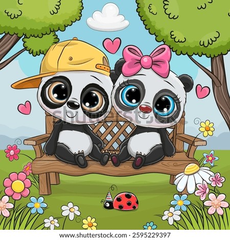 Two cute Cartoon Pandas sitting on the bench