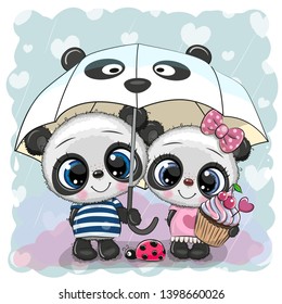 Dos lindos pandas de caricatura con paraguas bajo la lluvia