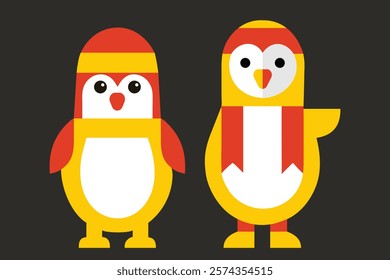 Two Cute Cartoon Penguins Dressed for Winter