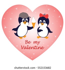 Two cute cartoon penguins with ice cream on pink background in the form of heart with white stars and inscription "Be My Valentine". Greeting card in flat style.