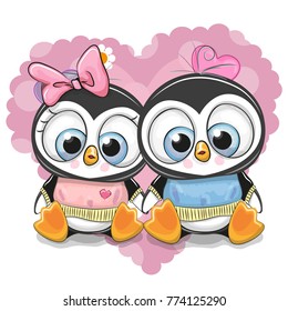 Two Cute Cartoon Penguins on a background of heart