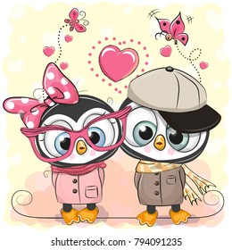 Two Cute Cartoon Penguins on a hearts background