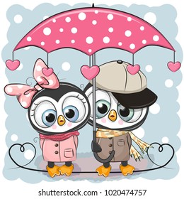 Two Cute Cartoon Penguins with umbrella under the rain