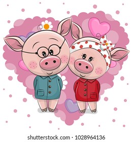 Two Cute Cartoon Pigs on a background of heart