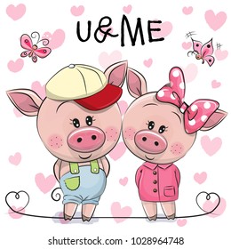 Two cute Cartoon Pigs on a hearts background