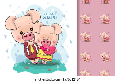 Two Cute Cartoon Pigs on a blue background for kids