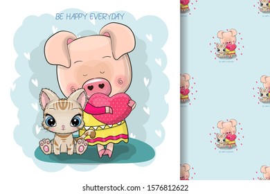 Two Cute Cartoon Pigs on a blue background