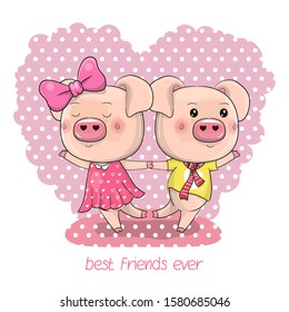 Two Cute Cartoon Pigs on a background of heart